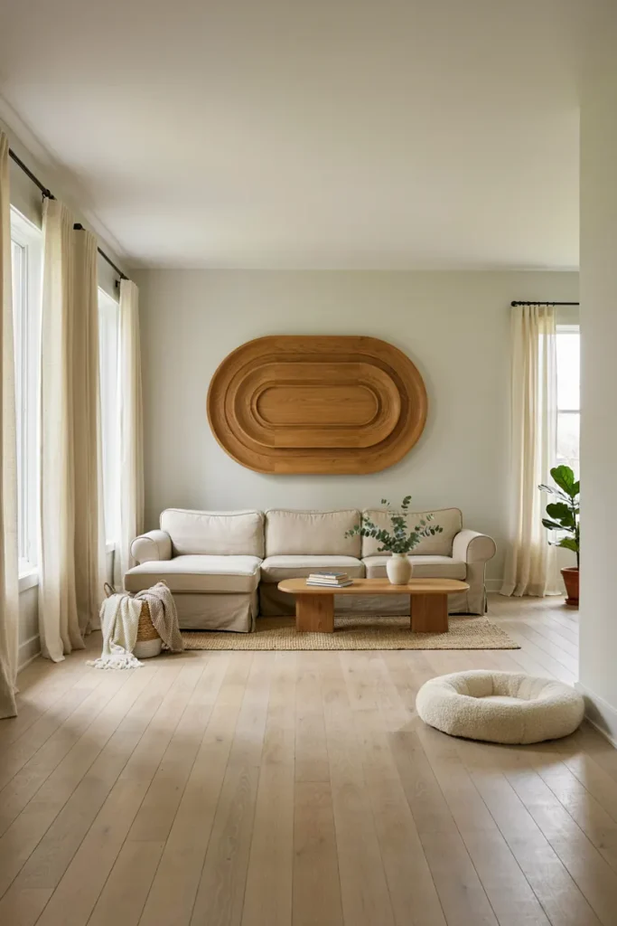 Securely mounted wood 3D wall art in a family-friendly living room