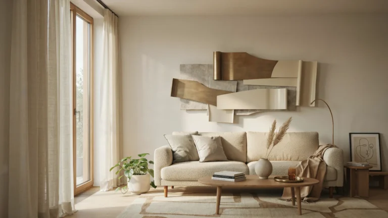 Neutral living room styled with layered 3D wall art above a sideboard