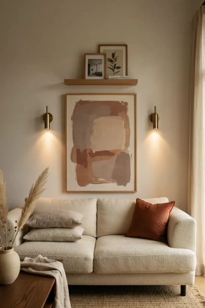 Above-the-sofa wall decor with framed artwork and a small wall shelf