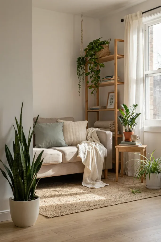 Modern home interior decorated with lush indoor plants in stylish affordable planters