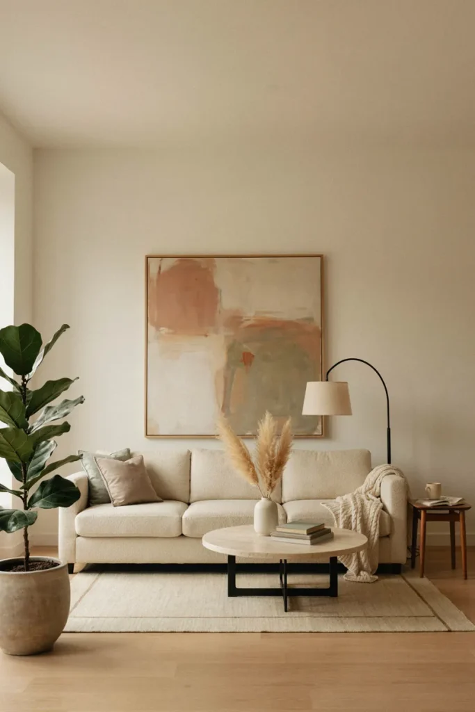 Stylish living room featuring one large statement artwork above a neutral sofa