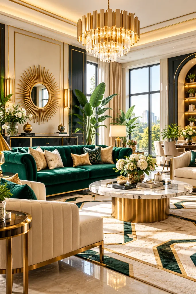 Art Deco interior design with geometric patterns, luxurious furniture, and elegant metallic accents
