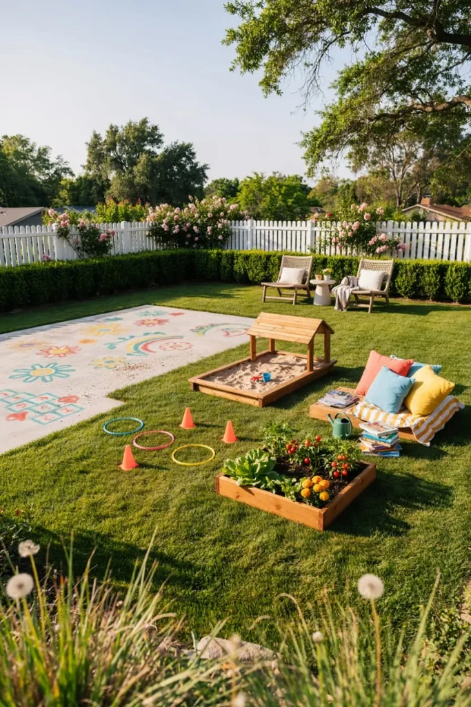 Backyard decor ideas for children with a spacious lawn, garden paths, and outdoor seating