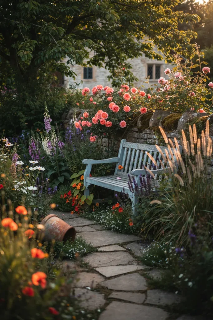 Garden bench surrounded by flowers and lush greenery