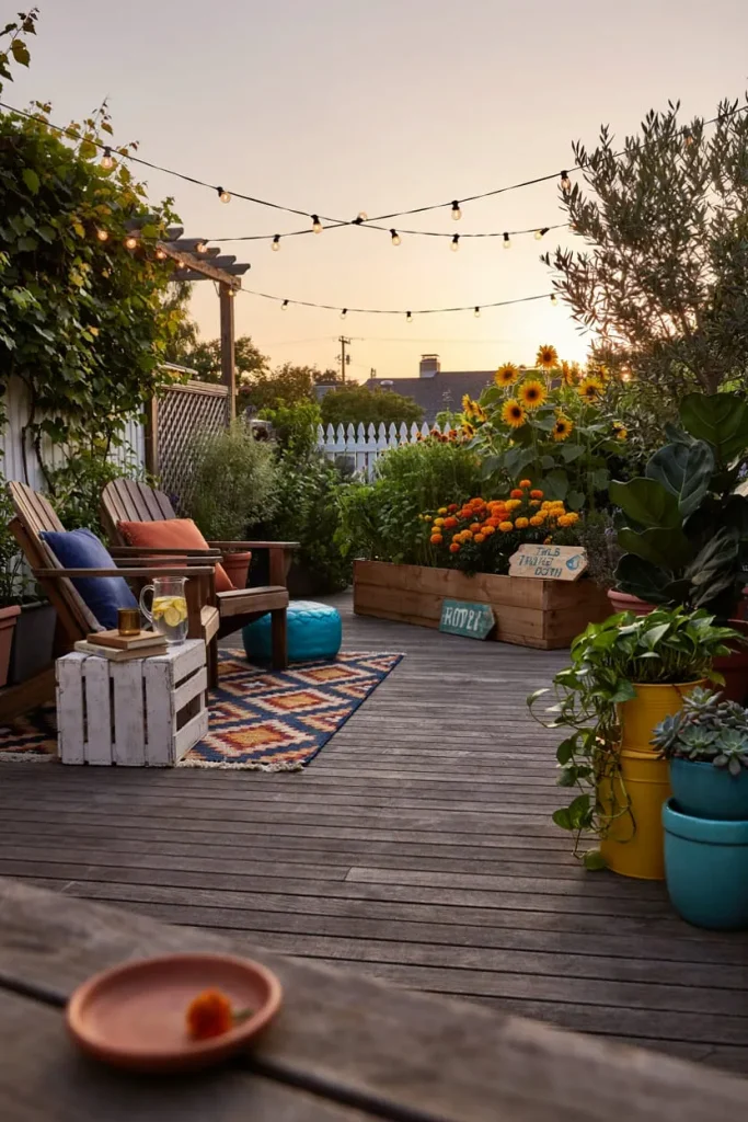 Backyard decoration ideas on a budget with a lawn, patio seating, and landscaped garden