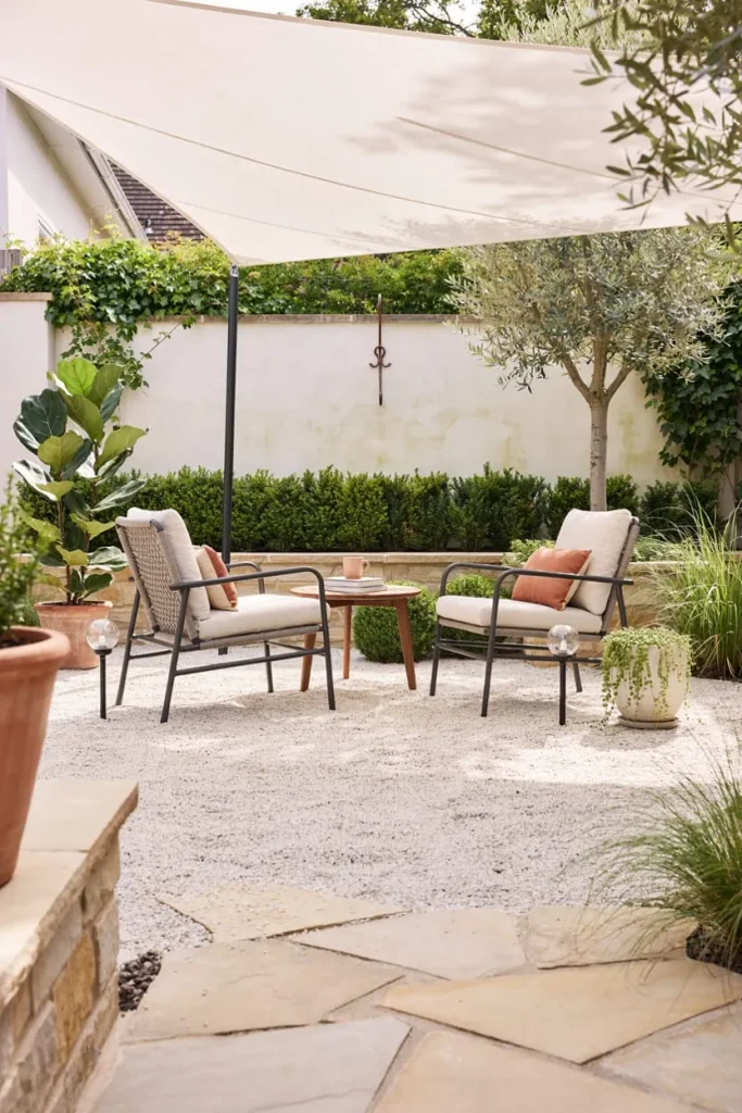 Outdoor seating area with a budget-friendly shade sail over a patio