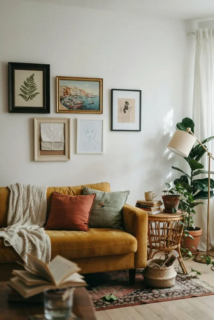 Budget-friendly living room wall decor with framed artwork and greenery