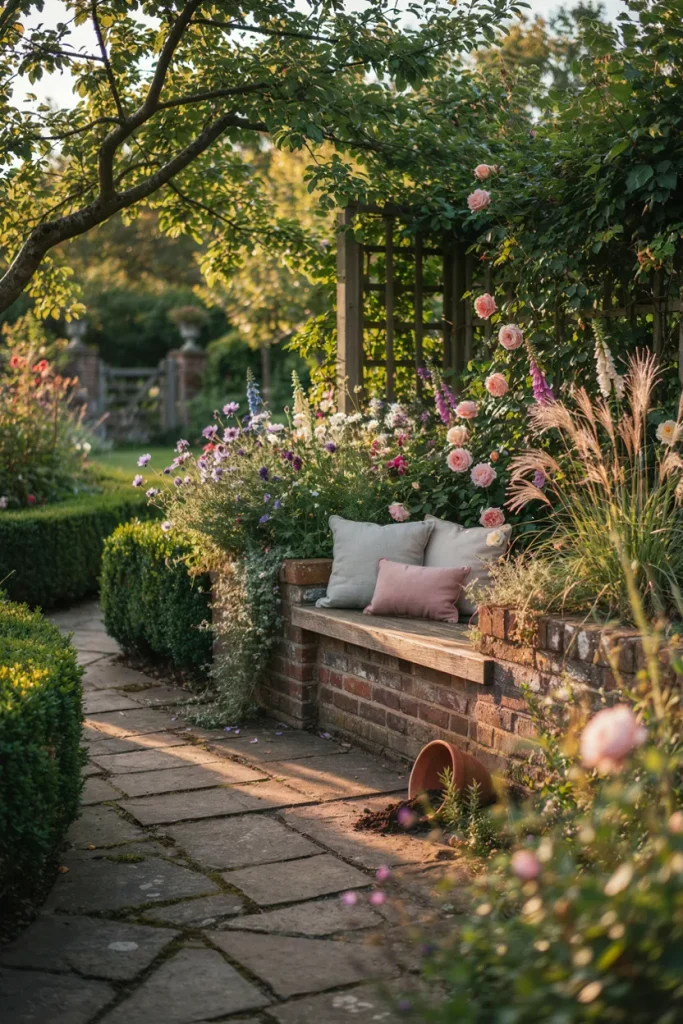 Built-in garden bench surrounded by plants and greenery