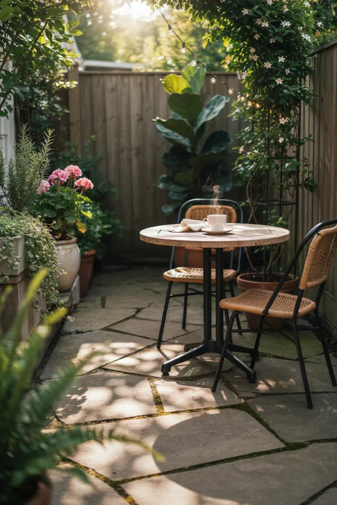 Charming outdoor bistro corner with a small table and chairs