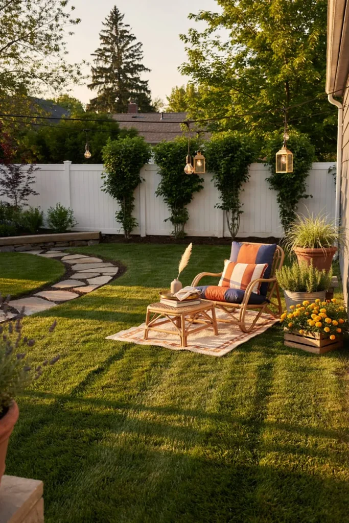Cheap backyard decor tricks using simple garden features, outdoor seating, and colorful accents