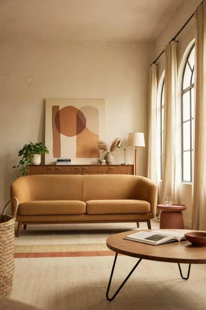 Living room wall art arranged in a warm neutral interior with natural light