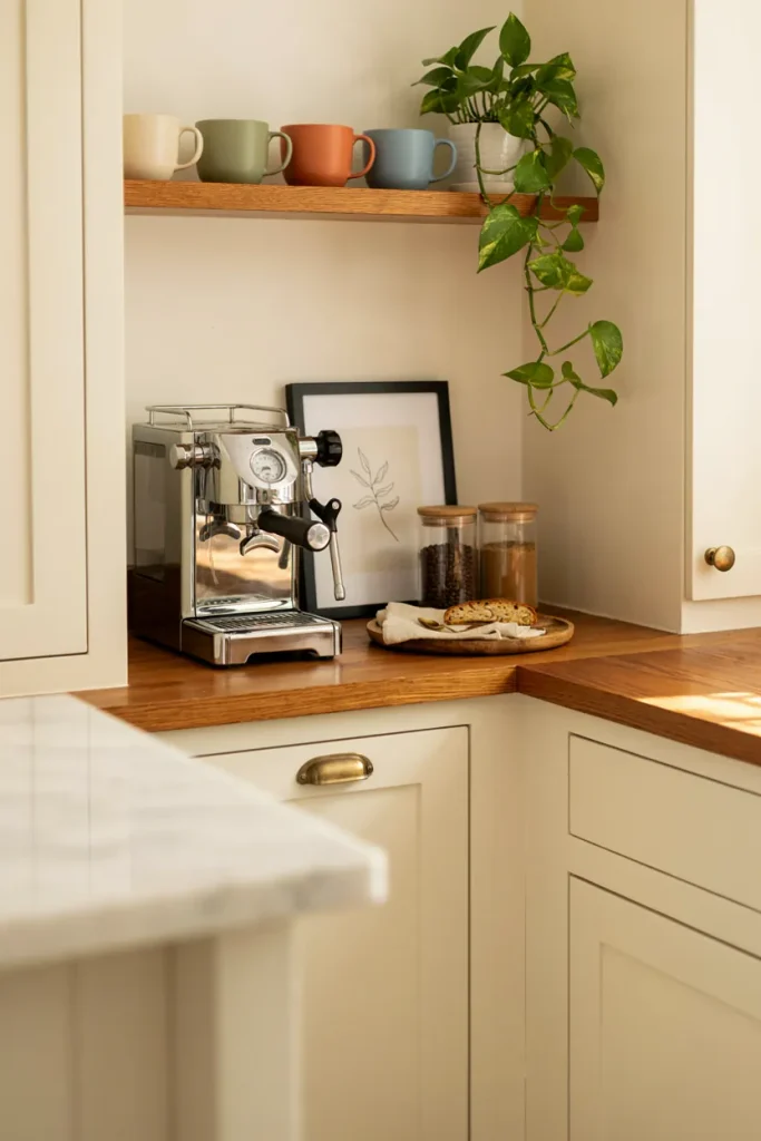Kitchen coffee station with espresso machine, mugs, coffee containers, and plant