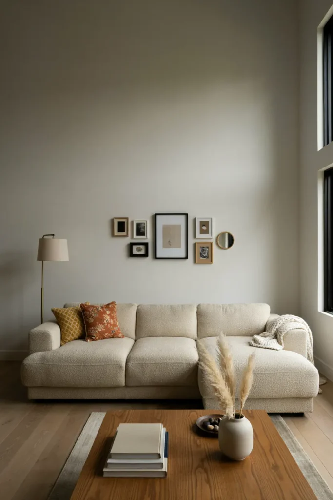 Poorly scaled 3D wall art hanging too high above an oversized sofa