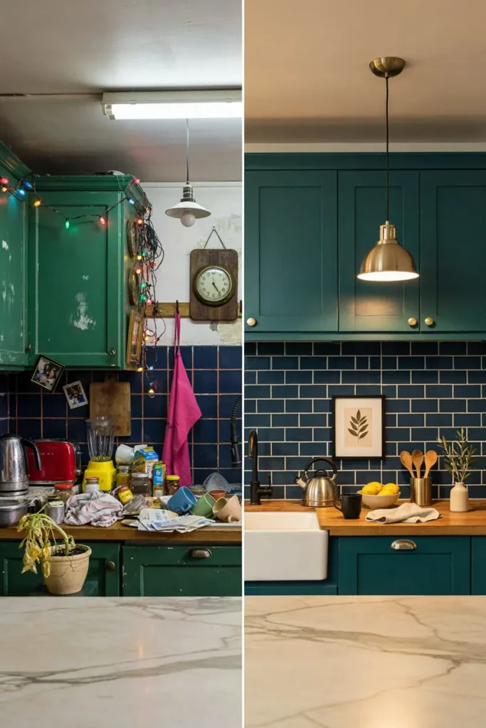 Cluttered kitchen counter with mismatched decorating items