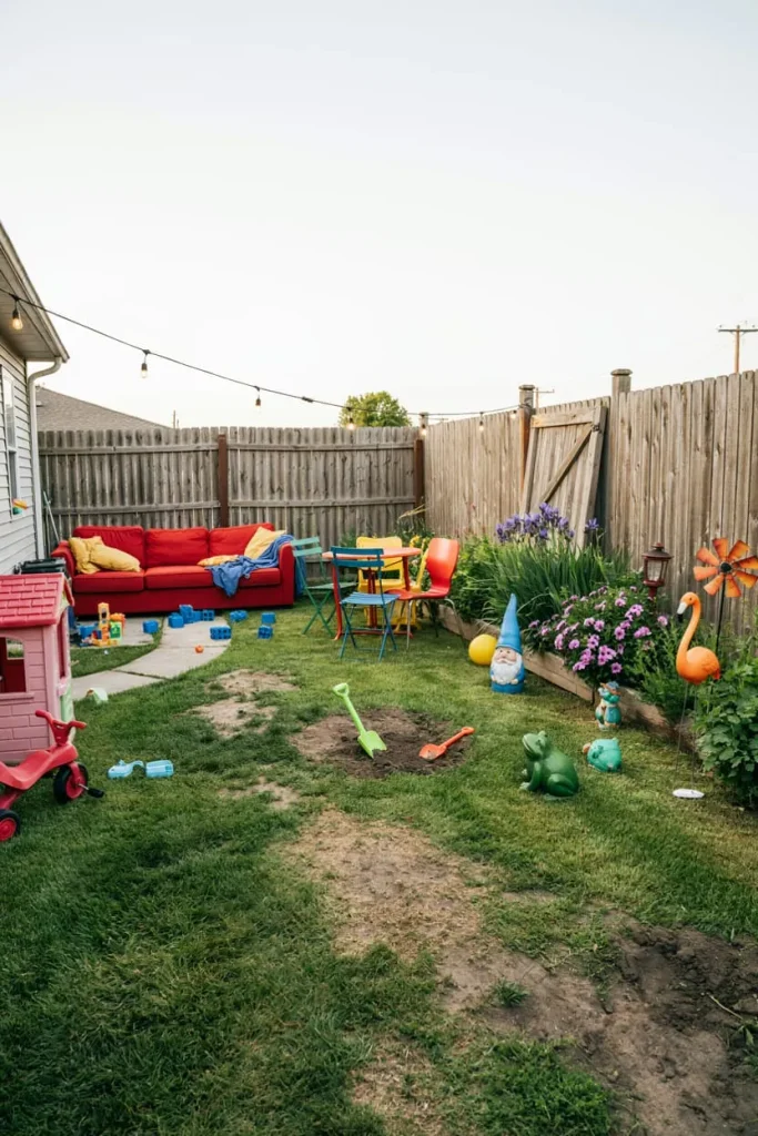 Common backyard decorating mistakes shown in an outdoor garden and seating area