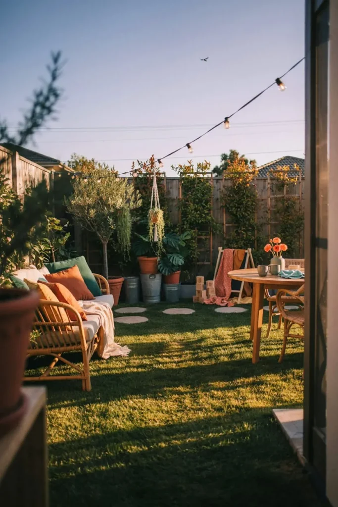 Budget-friendly backyard with comfortable outdoor seating, greenery, and decorative accents