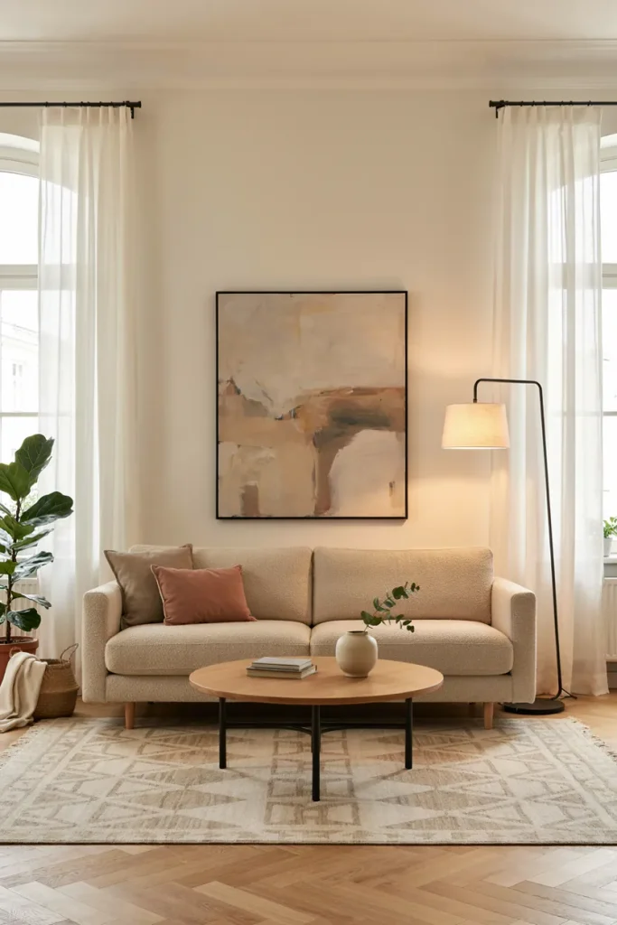 Inviting living room with a stylish focal point created by artwork, furniture, and decorative accents