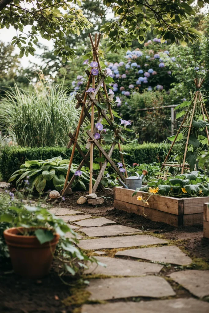 DIY garden trellis supporting climbing plants