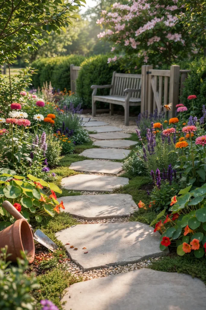 DIY stepping stone garden path surrounded by plants