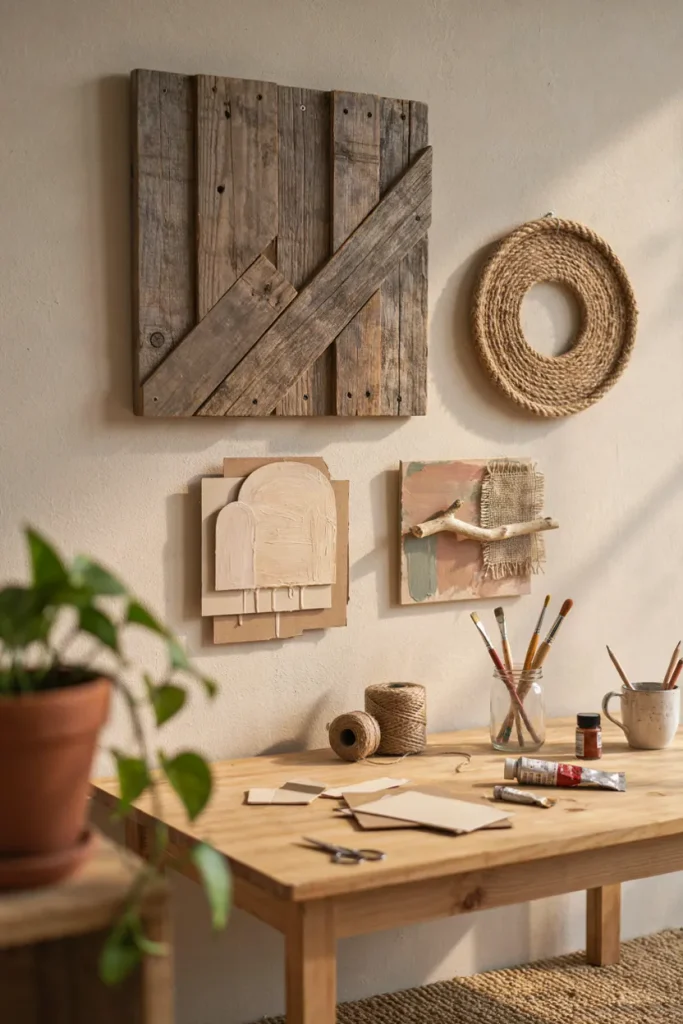 Handmade DIY 3D wall art made from reclaimed wood and textured materials