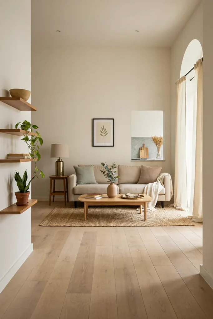 Clean and organized living room with clutter-free shelves, coffee table, and neatly styled surfaces