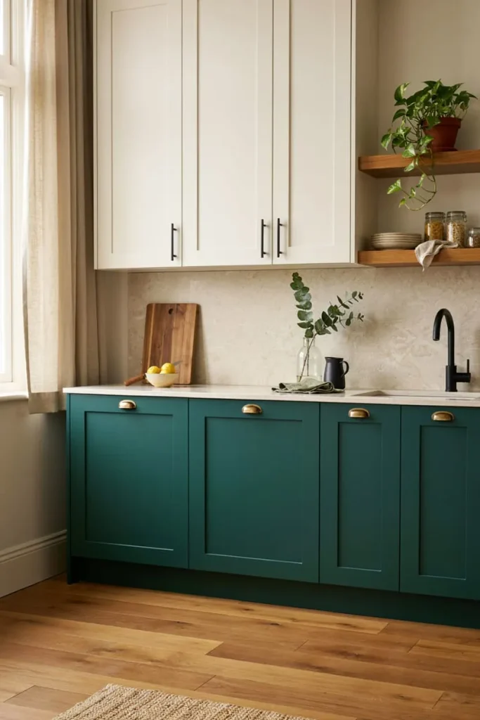 Designer-inspired kitchen with teal cabinets and warm wood accents