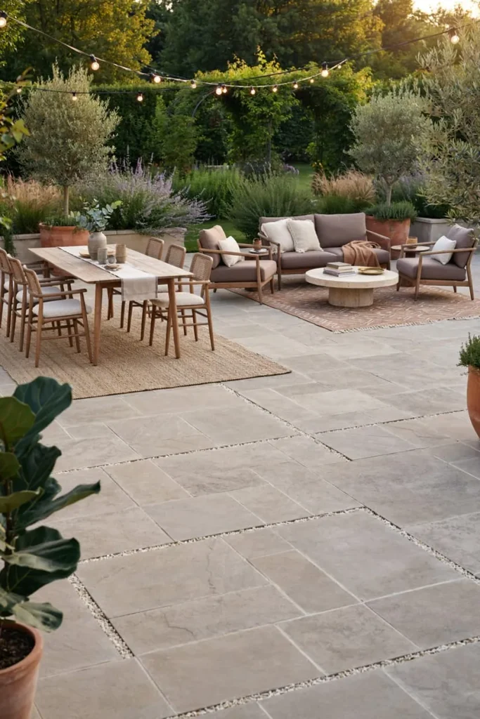 Outdoor dining and lounge zones with comfortable seating and a dining table