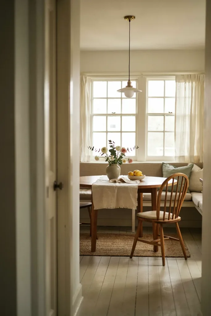Cozy kitchen breakfast nook with round table, bench seating, flowers, and pendant light