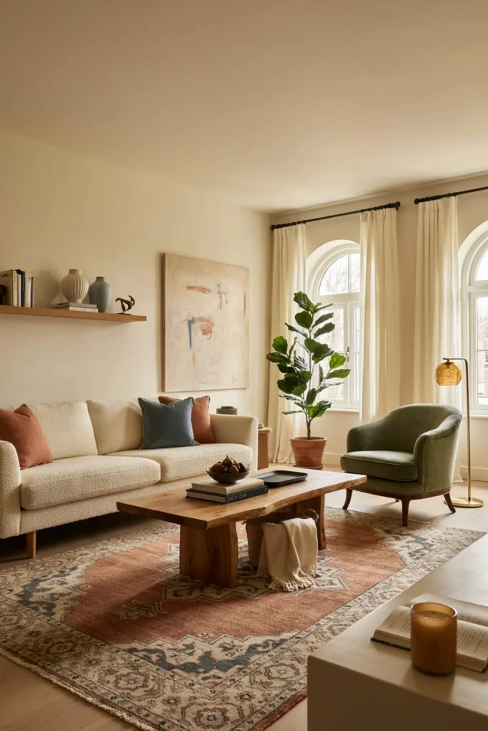 Eclectic interior design with mixed patterns, layered textures, colorful accents, and curated furniture