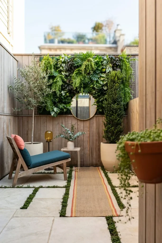 Expert backyard decorating tips with a compact outdoor seating area and layered greenery