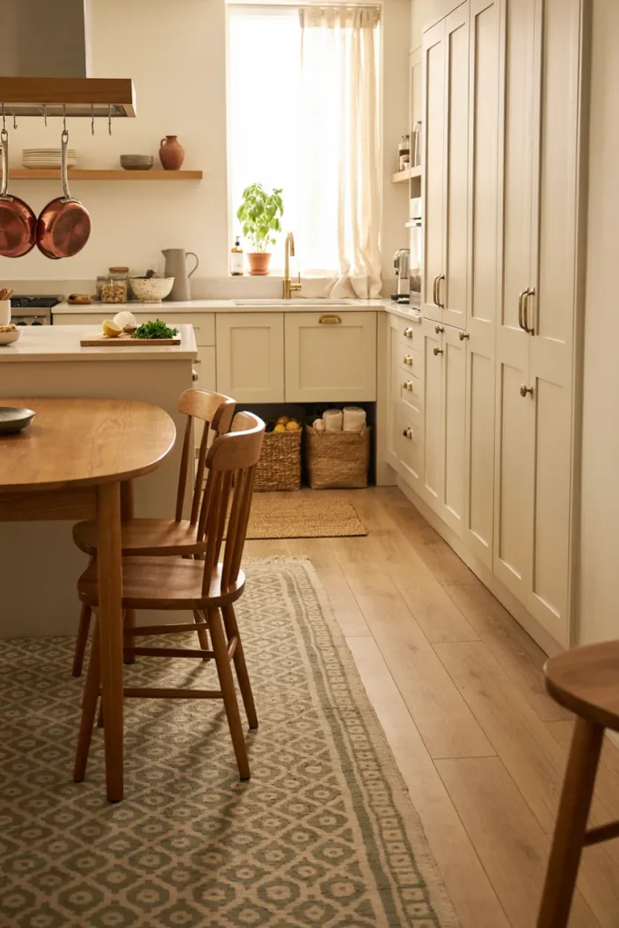 Family-friendly kitchen with washable runner, durable accessories, and organized storage