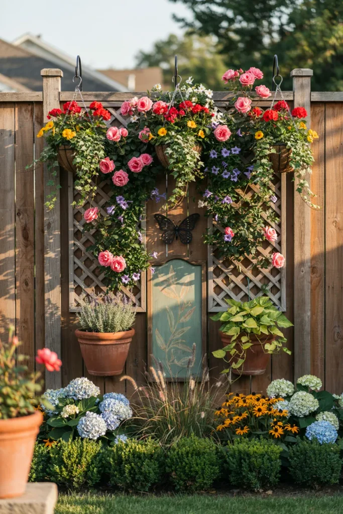 garden fence decorated with plants and outdoor wall art