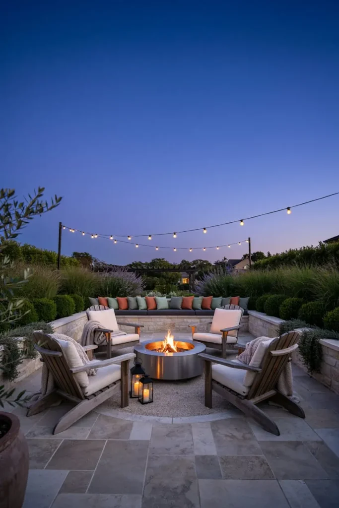 Outdoor fire pit gathering space with seating around a fire pit