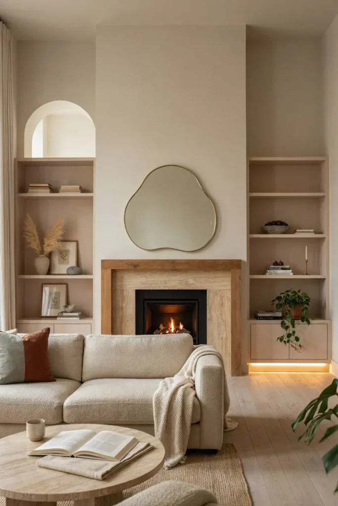 Fireplace wall decor with artwork, shelving, and natural decorative accents
