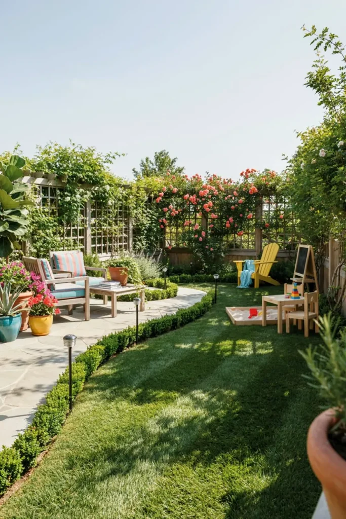 Backyard decor ideas with outdoor furniture, potted plants, and a landscaped garden