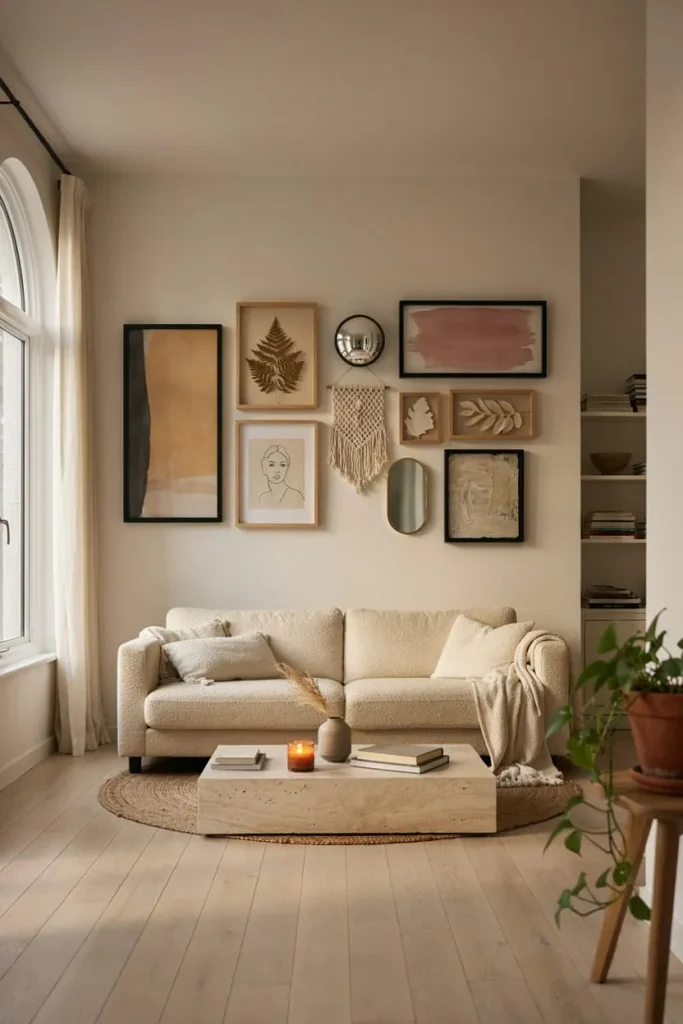 Gallery wall with framed artwork arranged above a living room sofa