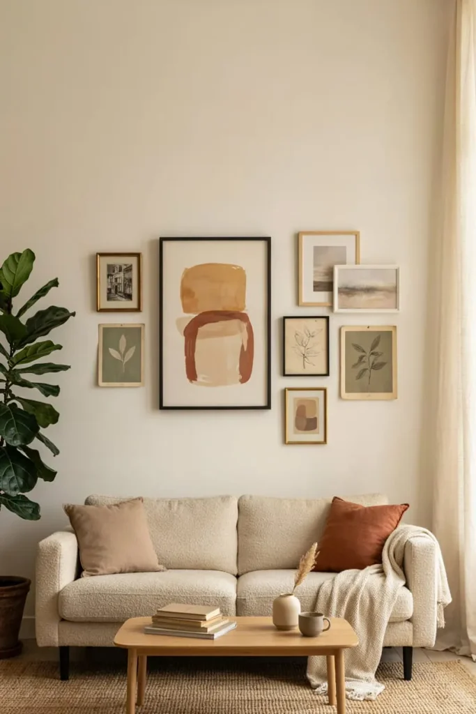Gallery wall with coordinated framed artwork above a living room console