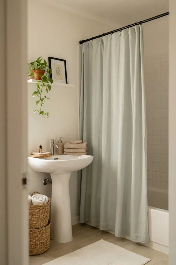 Small bathroom with budget home decor ideas, clean neutral decor, plush towels, decorative accessories, and spa-like styling