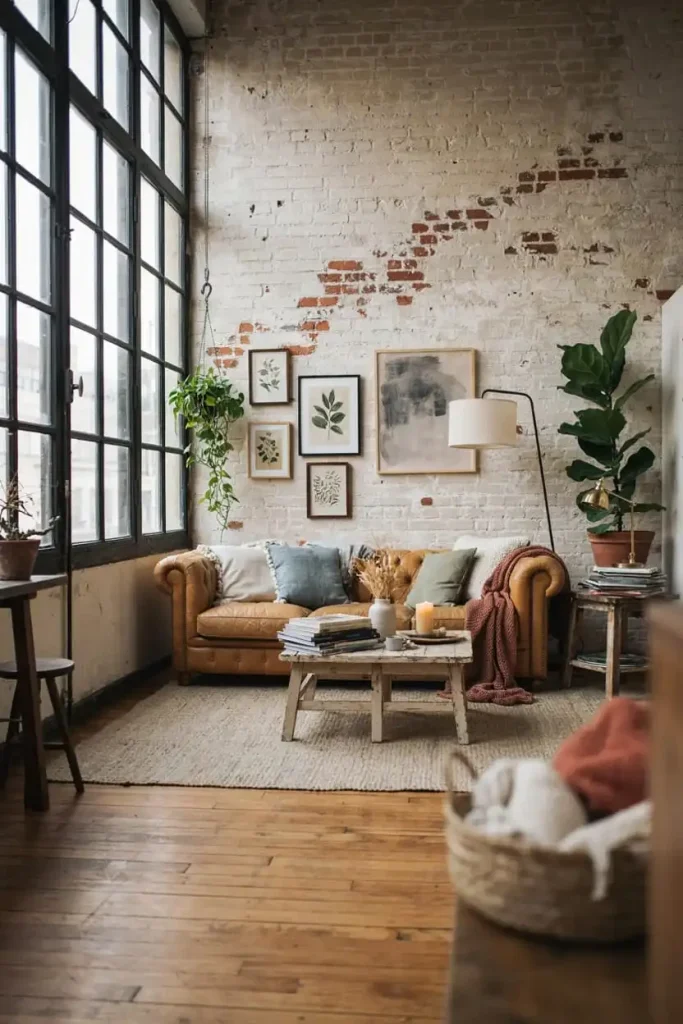 Grunge interior design with distressed textures, dark tones, vintage furniture, and industrial accents