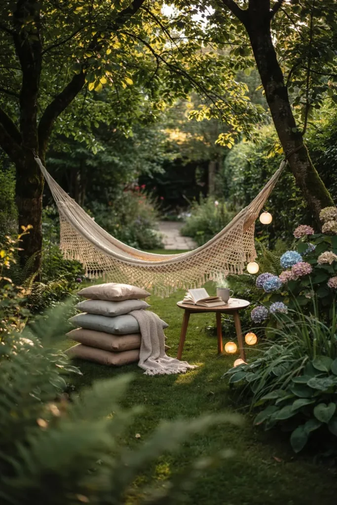 Hammock retreat surrounded by trees and greenery in a backyard garden