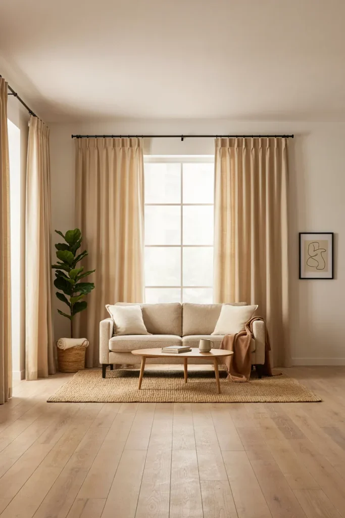 Bright living room with floor-length curtains hung high and wide around large windows