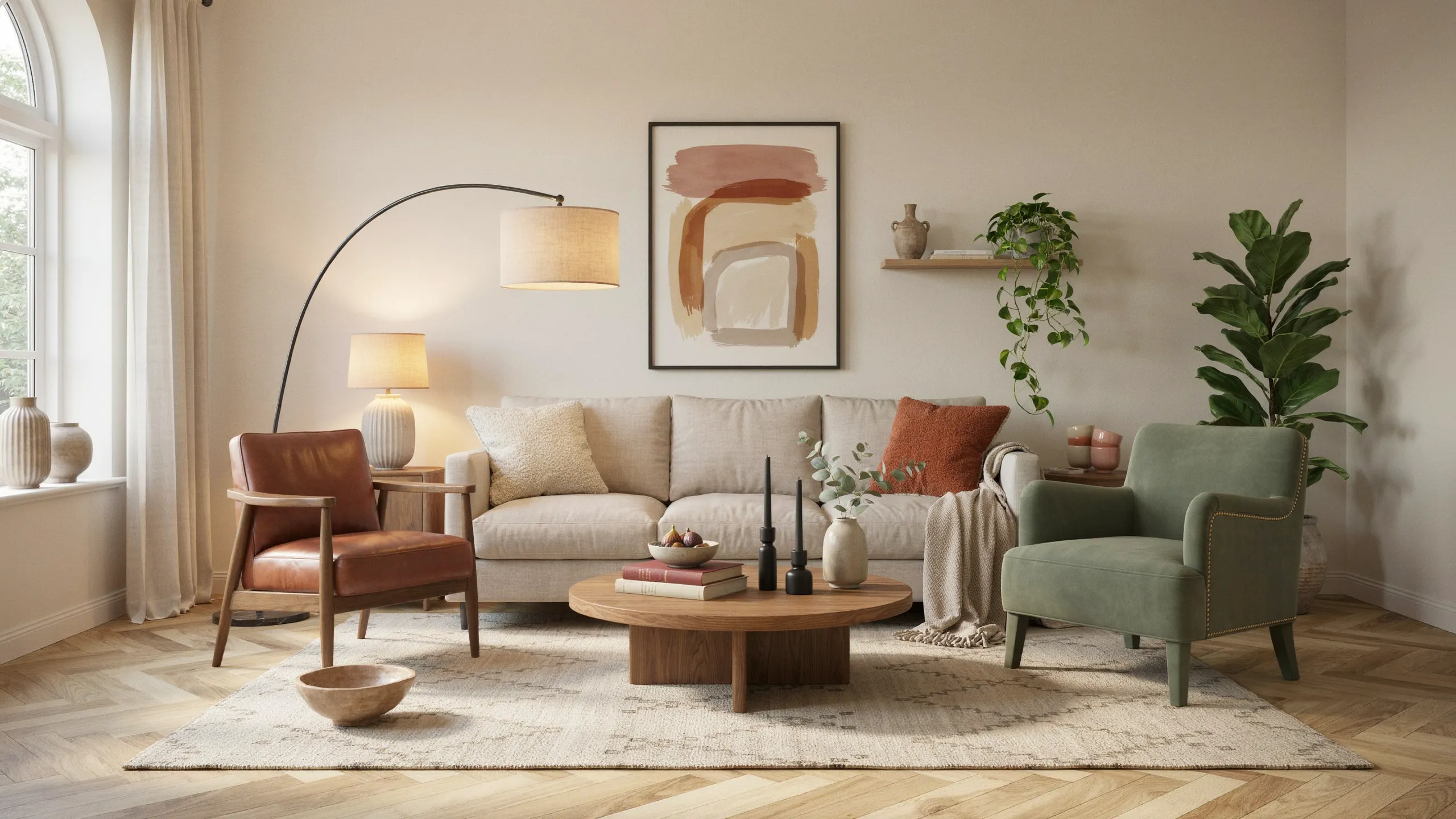 Home Decor Ideas for Living Room featuring a balanced layout, layered lighting, warm neutrals, and textured furnishings