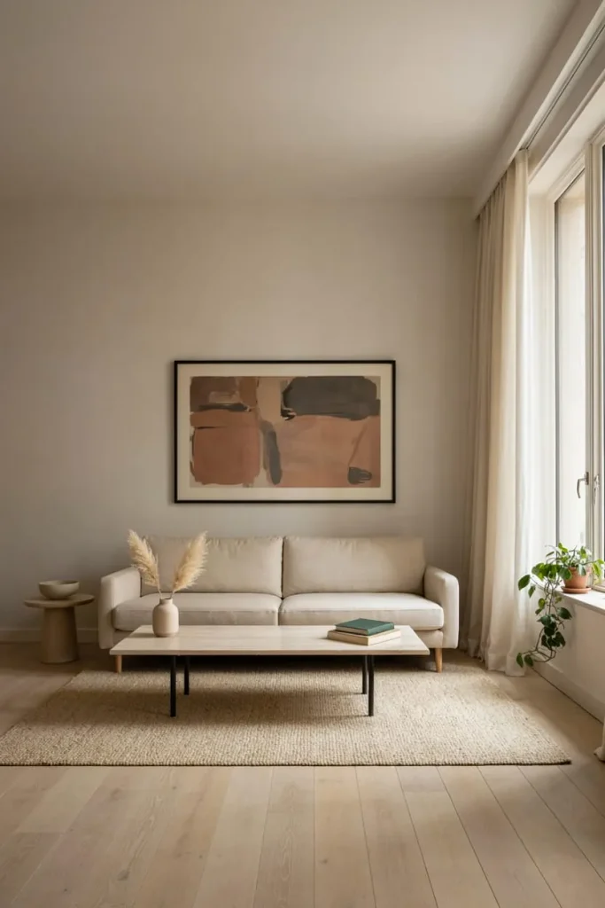 Neutral living room with a large framed artwork above the sofa