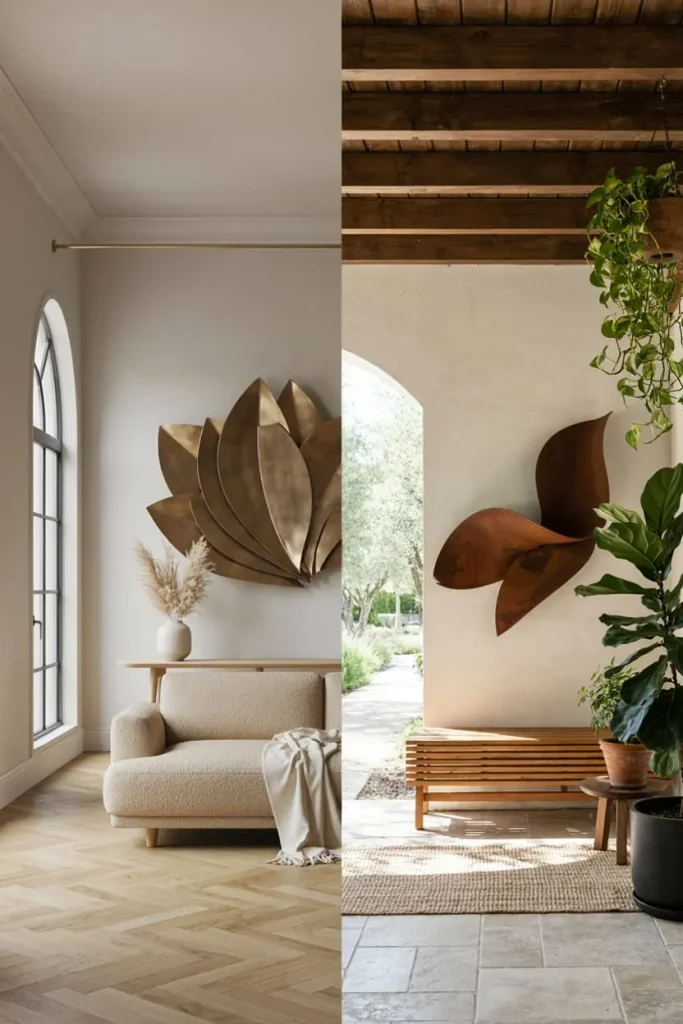 Split image showing metal wall art in an indoor room with an arched window and in an outdoor setting