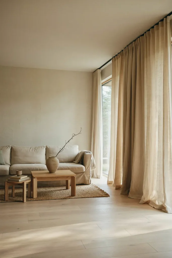 Home Decor Ideas for Living Room: Japandi Style with Low Seating, Natural Wood, Linen Textures, and Muted Earthy Colors