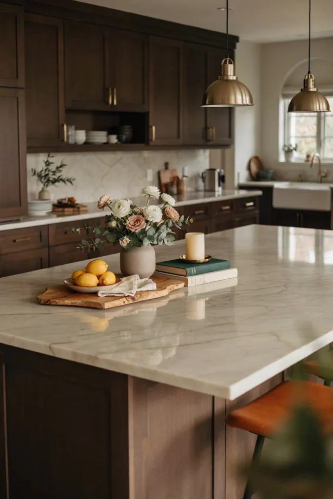 Styled kitchen island with wooden tray, fresh flowers, fruit bowl, and cookbooks