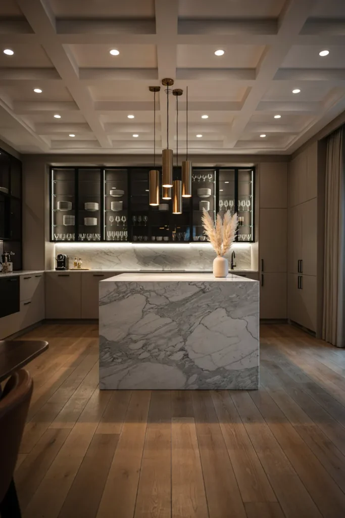 Kitchen with layered lighting from recessed lights, pendant lights, and cabinet lighting