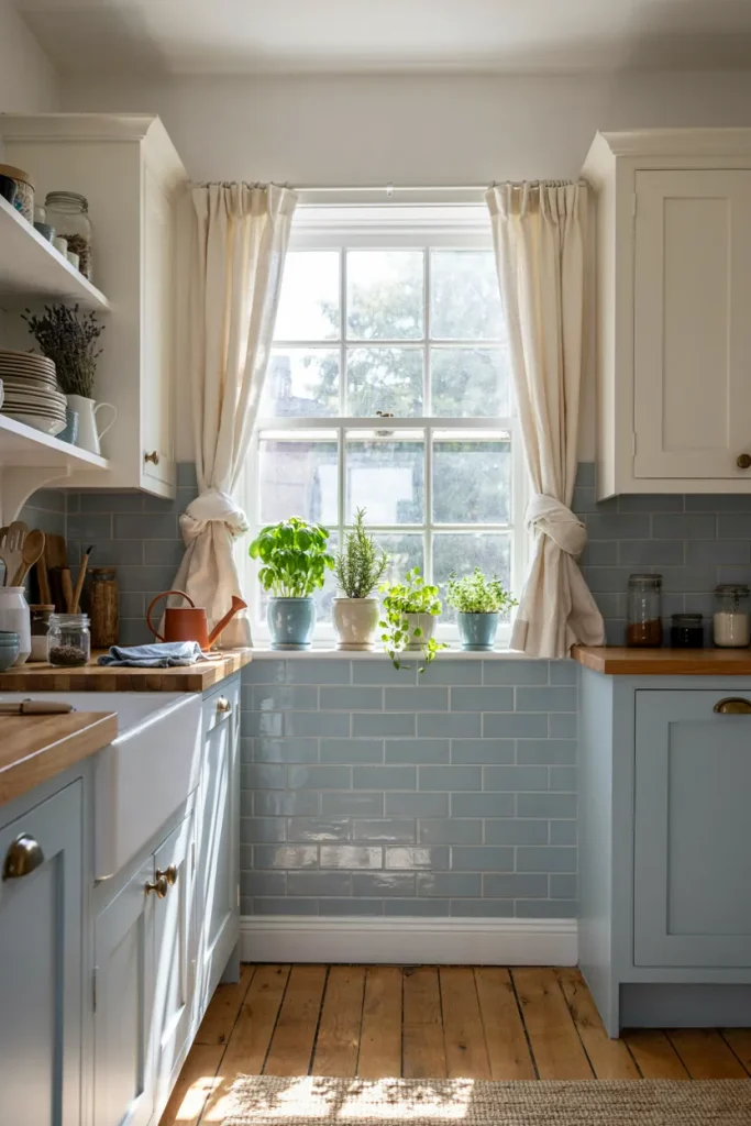 Sunny kitchen window with potted basil, rosemary, mint, and thyme