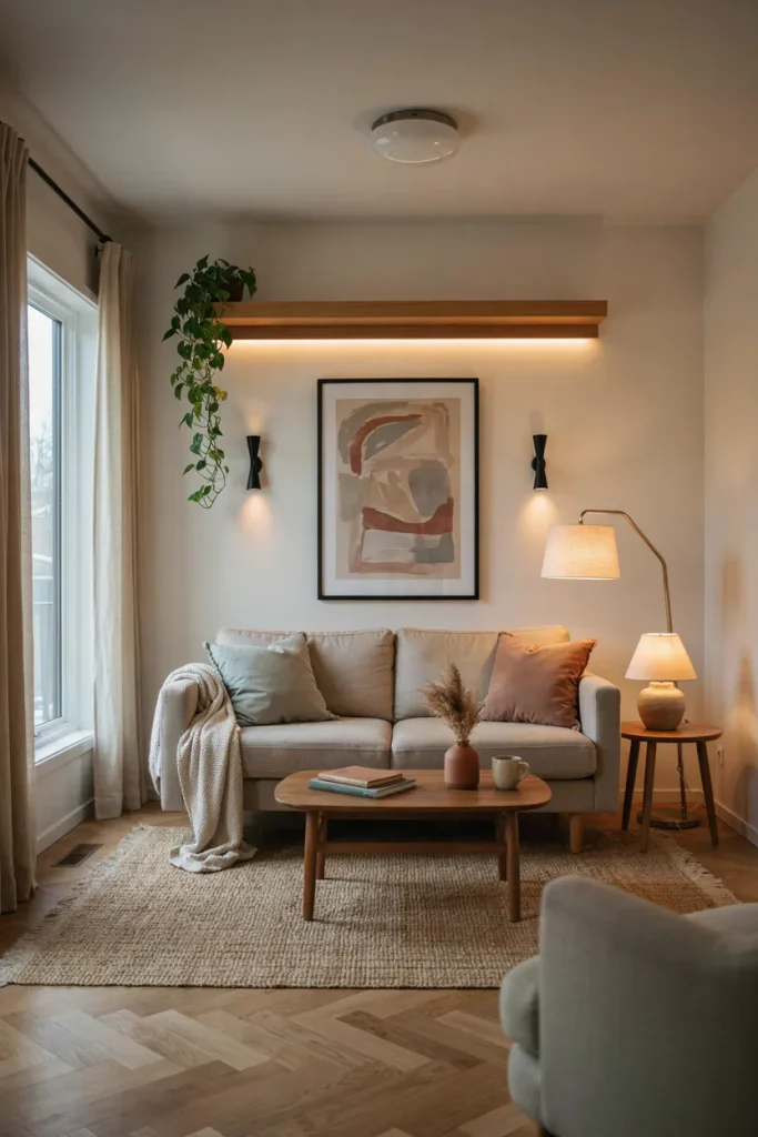 Cozy living room with layered lighting from ceiling fixture, table lamps, and floor lamp