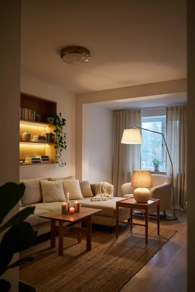 Living room with layered lighting from ceiling fixture, table lamp, and floor lamp